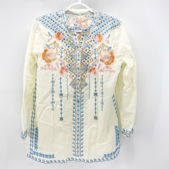 Ivory Cotton Floral Embroidered Long Sleeve Summer Top Johnny was vibes bohemian - Picture 1 of 8
